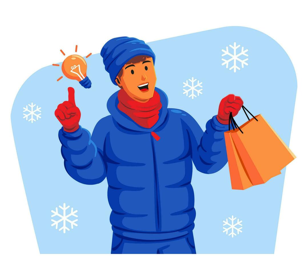 Mann im ein Winter Jacke mit Winter Hut und Schal halten Einkaufen Taschen und Licht blub vektor