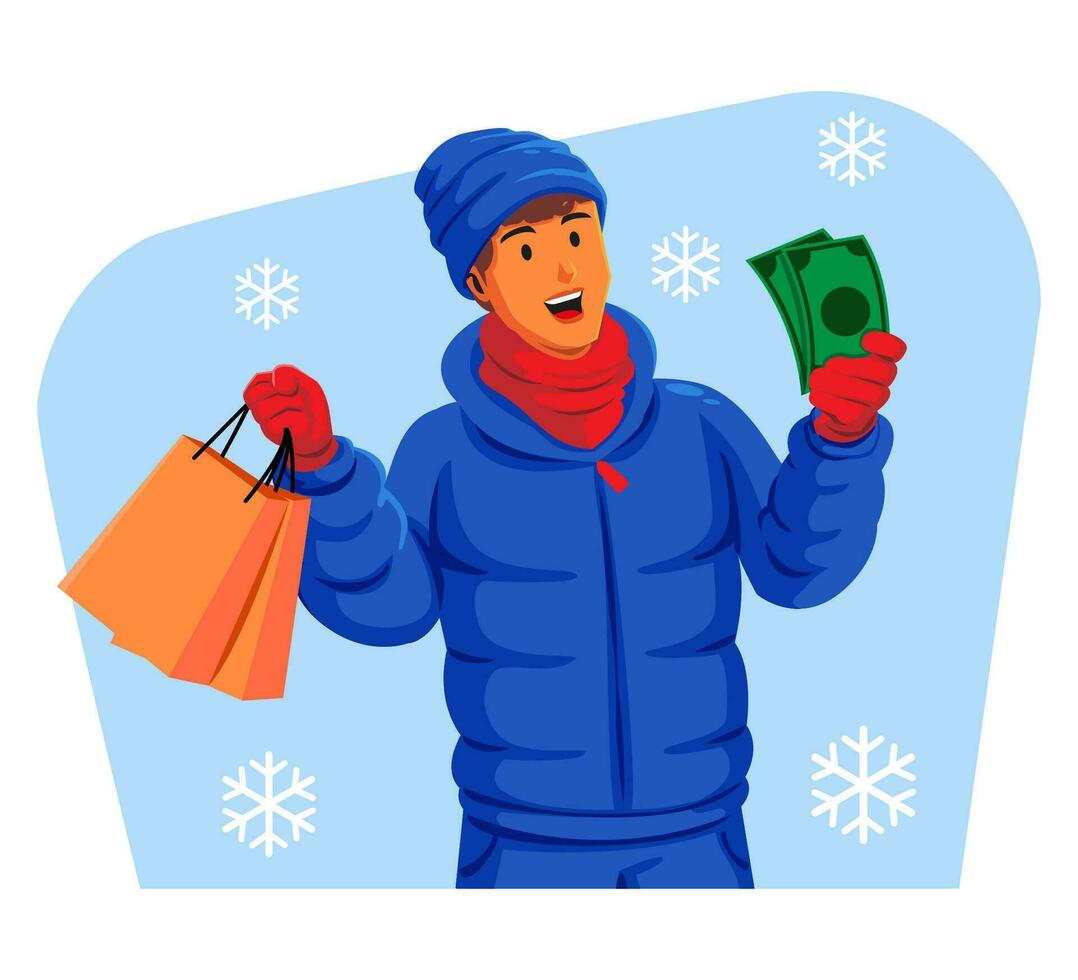 man i en vinter- jacka med vinter- hatt och scarf innehav handla påsar och pengar vektor