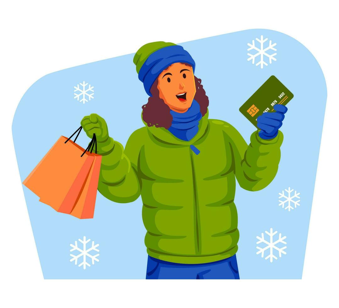Frau im ein Winter Jacke mit Winter Hut und Schal halten Einkaufen Taschen und Anerkennung Karte vektor