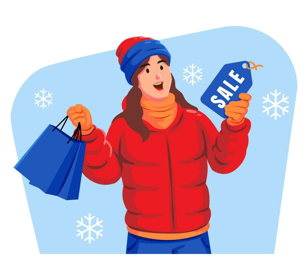 kvinna i en vinter- jacka med vinter- hatt och scarf innehav handla påsar och försäljning märka vektor