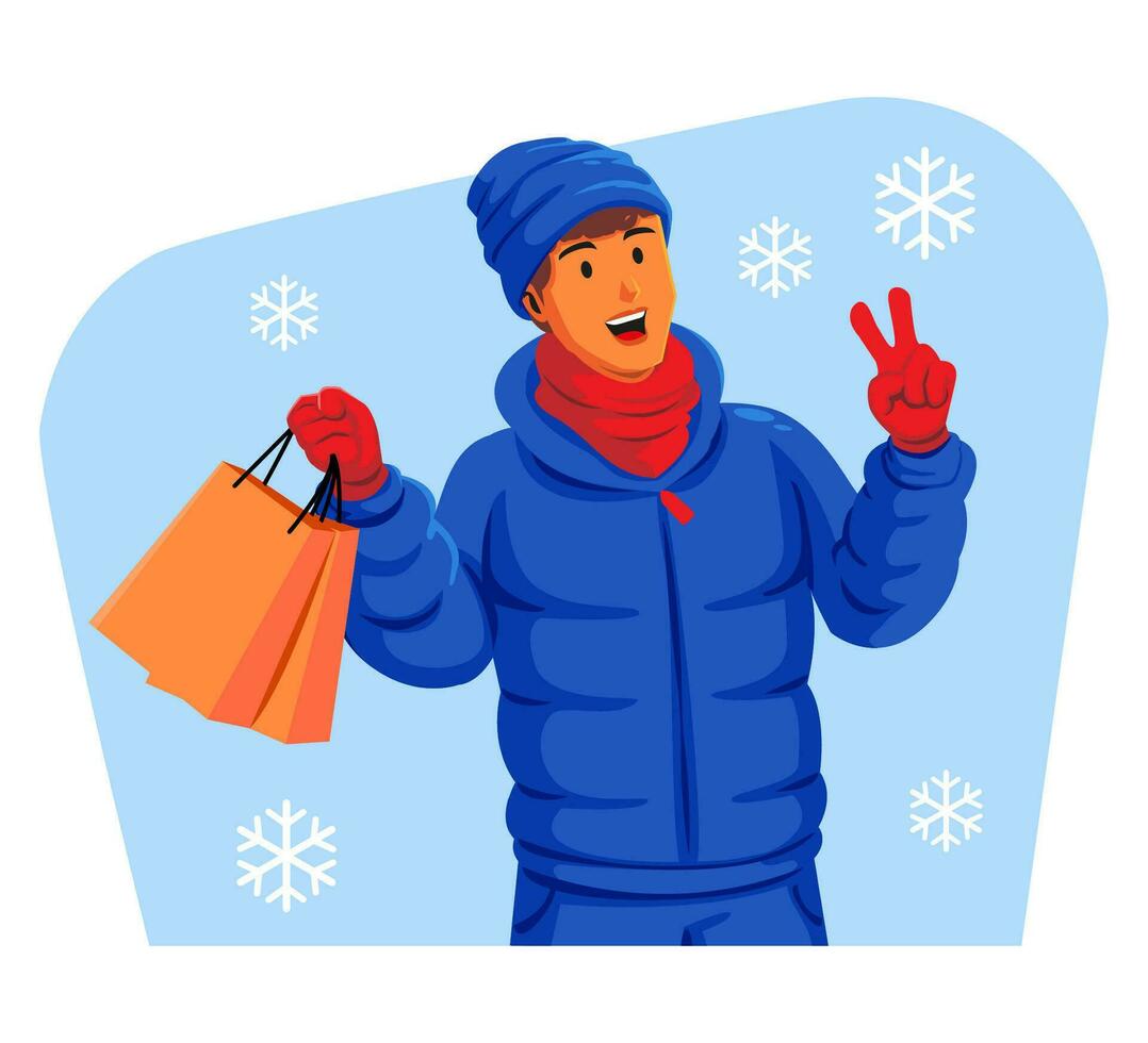 Mann im ein Winter Jacke mit Winter Hut und Schal halten Einkaufen Taschen vektor