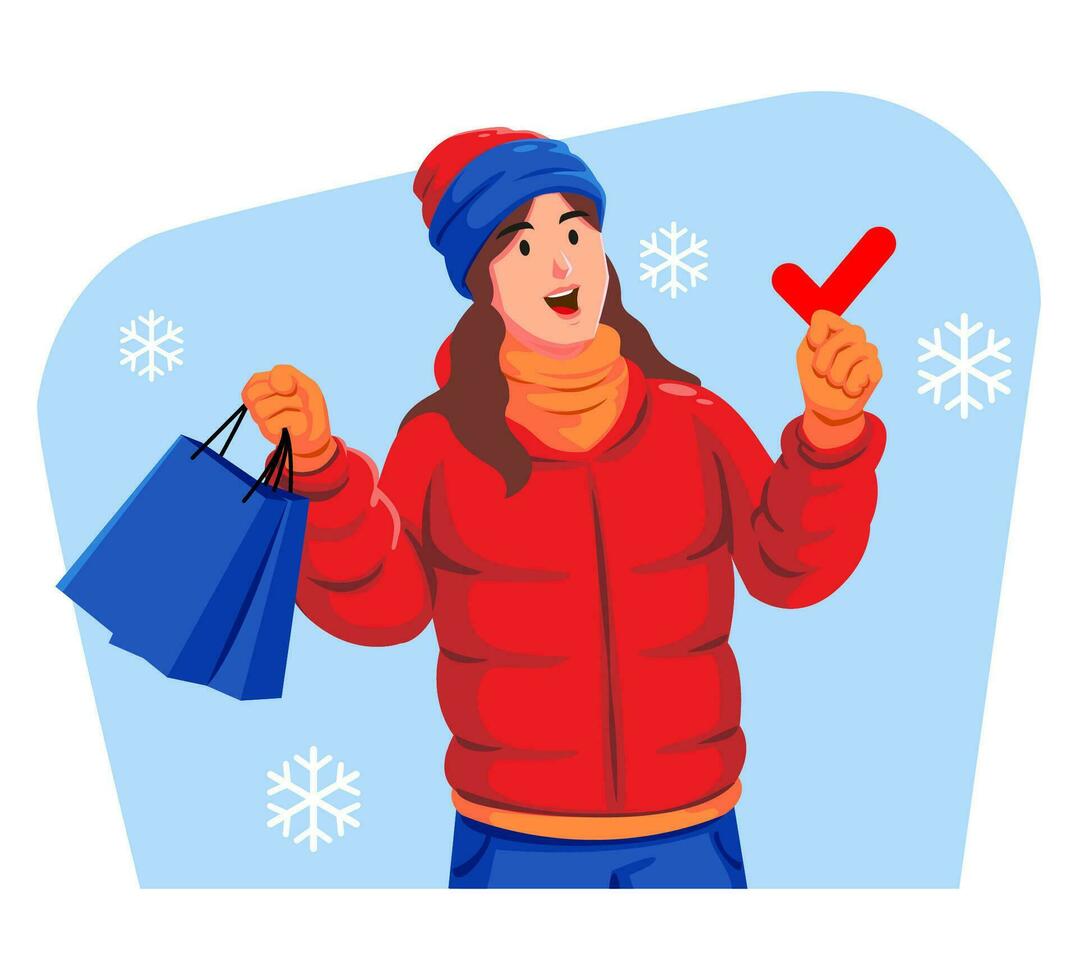 kvinna i en vinter- jacka med vinter- hatt och scarf innehav handla påsar vektor