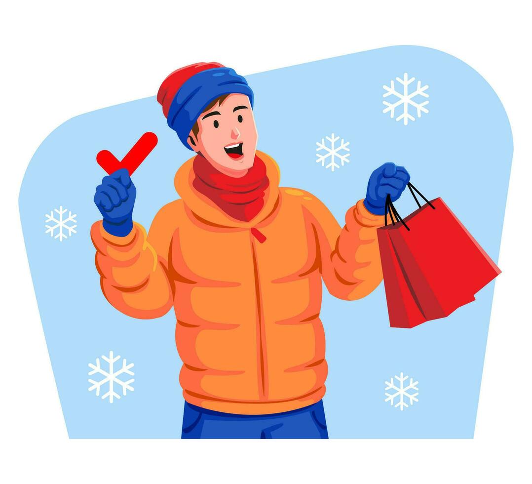 glücklich jung Mann im Winter Kleider halten prüfen Kennzeichen und Einkaufen Taschen vektor