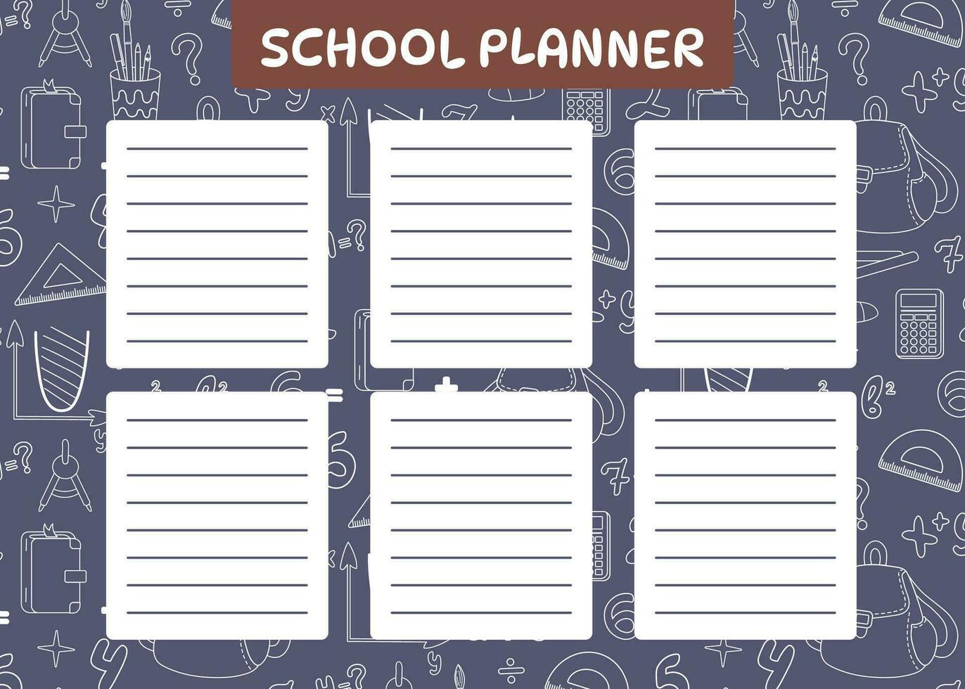 zurückhaltend Schule Planer mit Schreibwaren Gekritzel. Hintergrund zum Anmerkungen mit Schule Lieferungen. Zeitplan ist zum 6 Tage. streng Design Notizbuch Blatt Vorlage. Hand gezeichnet süß Vektor Illustration.