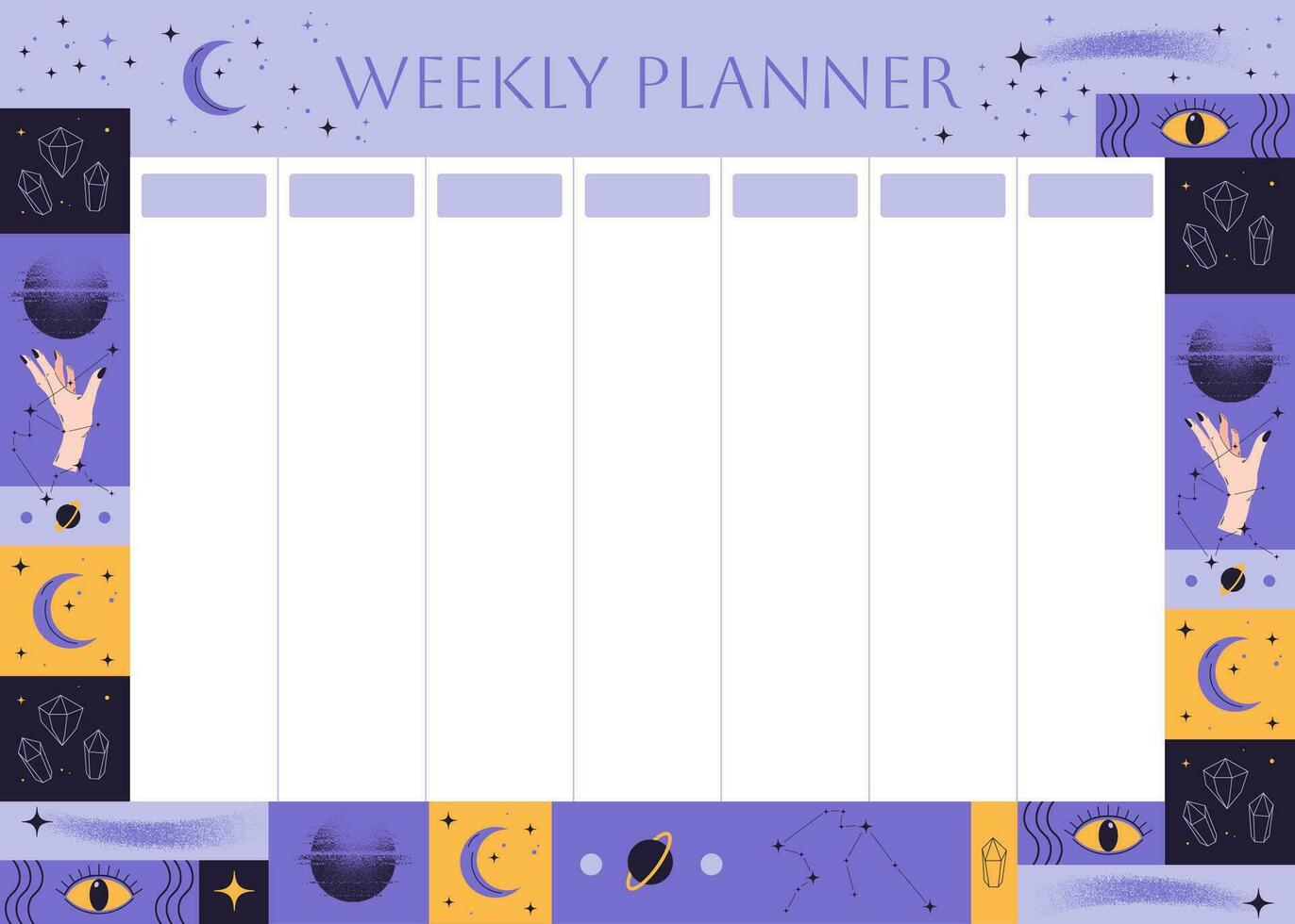 wöchentlich Planer mit astrologisch Elemente. kosmisch Elemente, Kometen und Sterne. Hintergrund zum Anmerkungen. Hand hält Ball. Zeichnung mit Punkte. Magie, Okkultismus und Astrologie Konzept. Vektor Illustration.