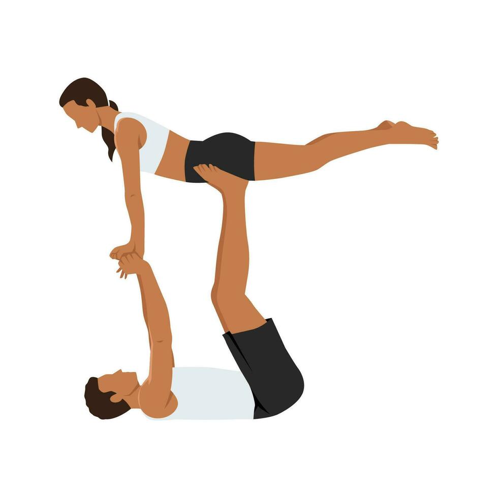 ung par sportig människor praktiserande yoga lektion med partner, man och kvinna i yogi träning, ärm balans utgör. vektor