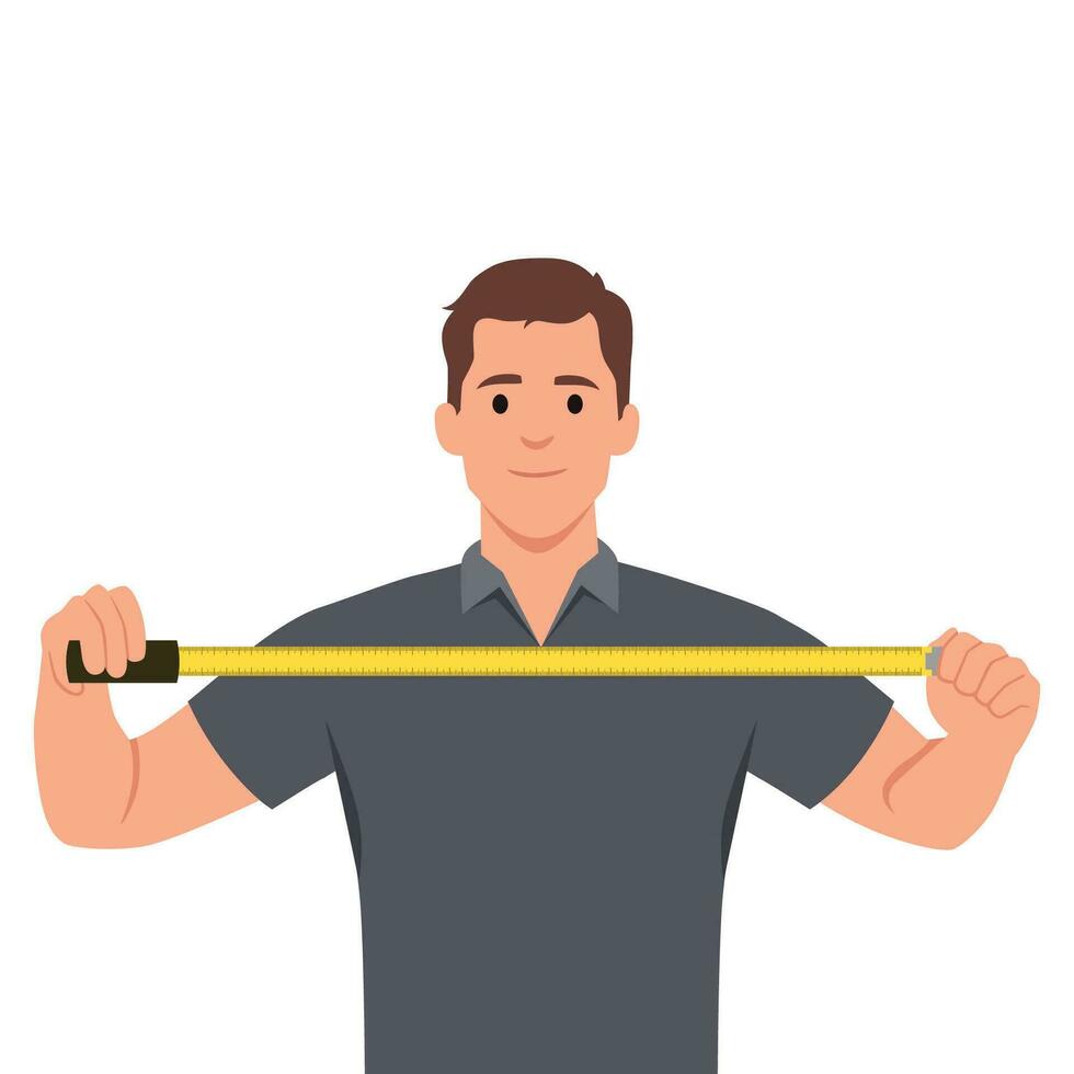 Mann mit Messung Band bietet an zu finden aus genau Größe Zimmer zu Start reparieren oder Gebäude. Kerl mit Messung Band oder Lineal demonstriert Abmessungen Werkzeug zum präzise. vektor
