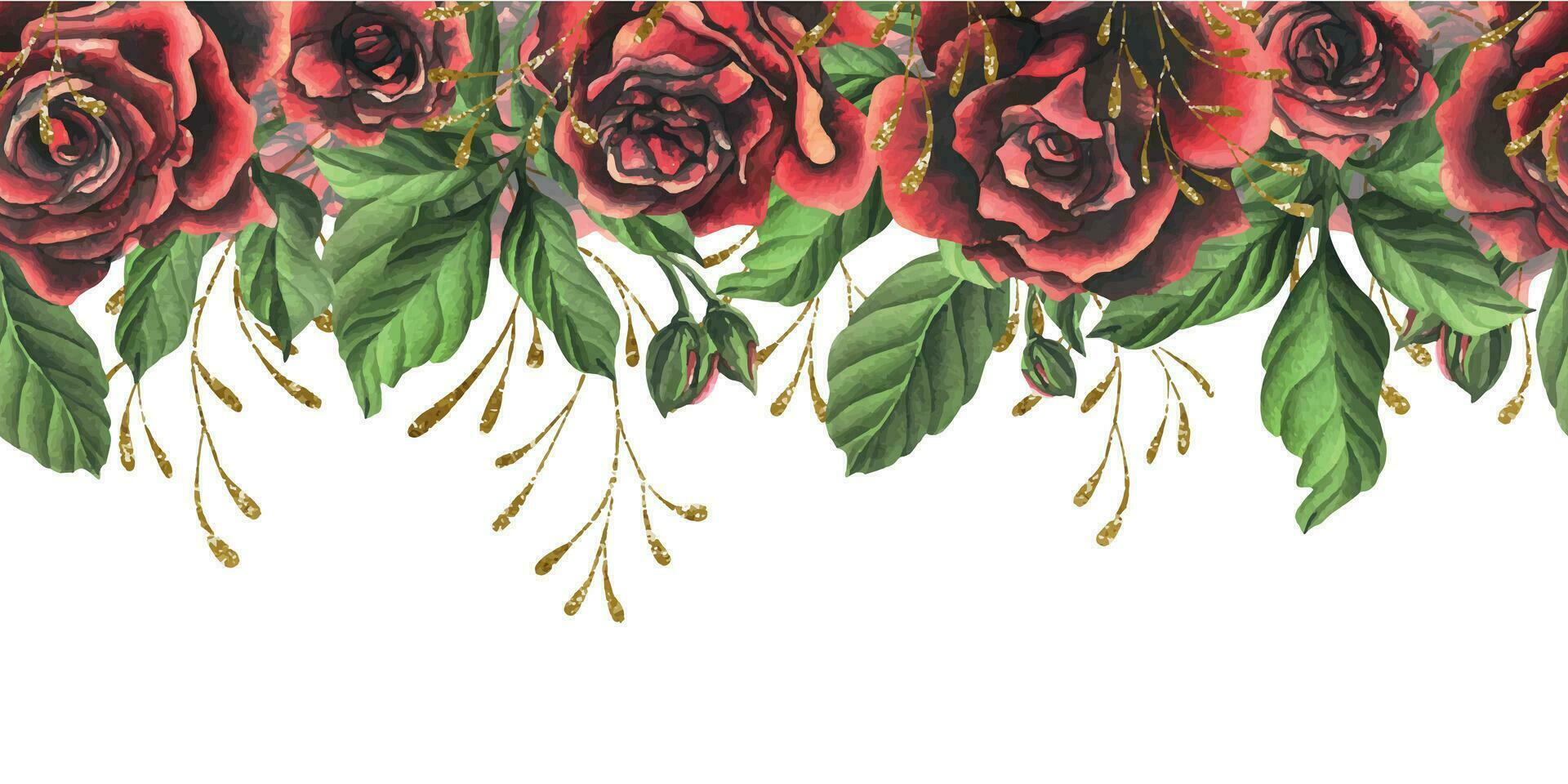 rot schwarz Rose Blumen mit Grün Blätter und Knospen, schick, hell, schöne. Hand gezeichnet Aquarell Illustration. nahtlos Rand ein Weiß Hintergrund, zum Dekoration und Design Vektor eps