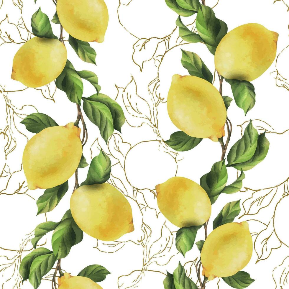 citroner är gul, saftig, mogen med grön löv, blomma knoppar på de grenar, hela och skivor. vattenfärg, hand dragen botanisk illustration. sömlös mönster på en vit bakgrund. vektor eps