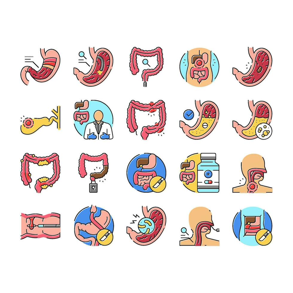 gastroenterolog läkare mage ikoner uppsättning vektor