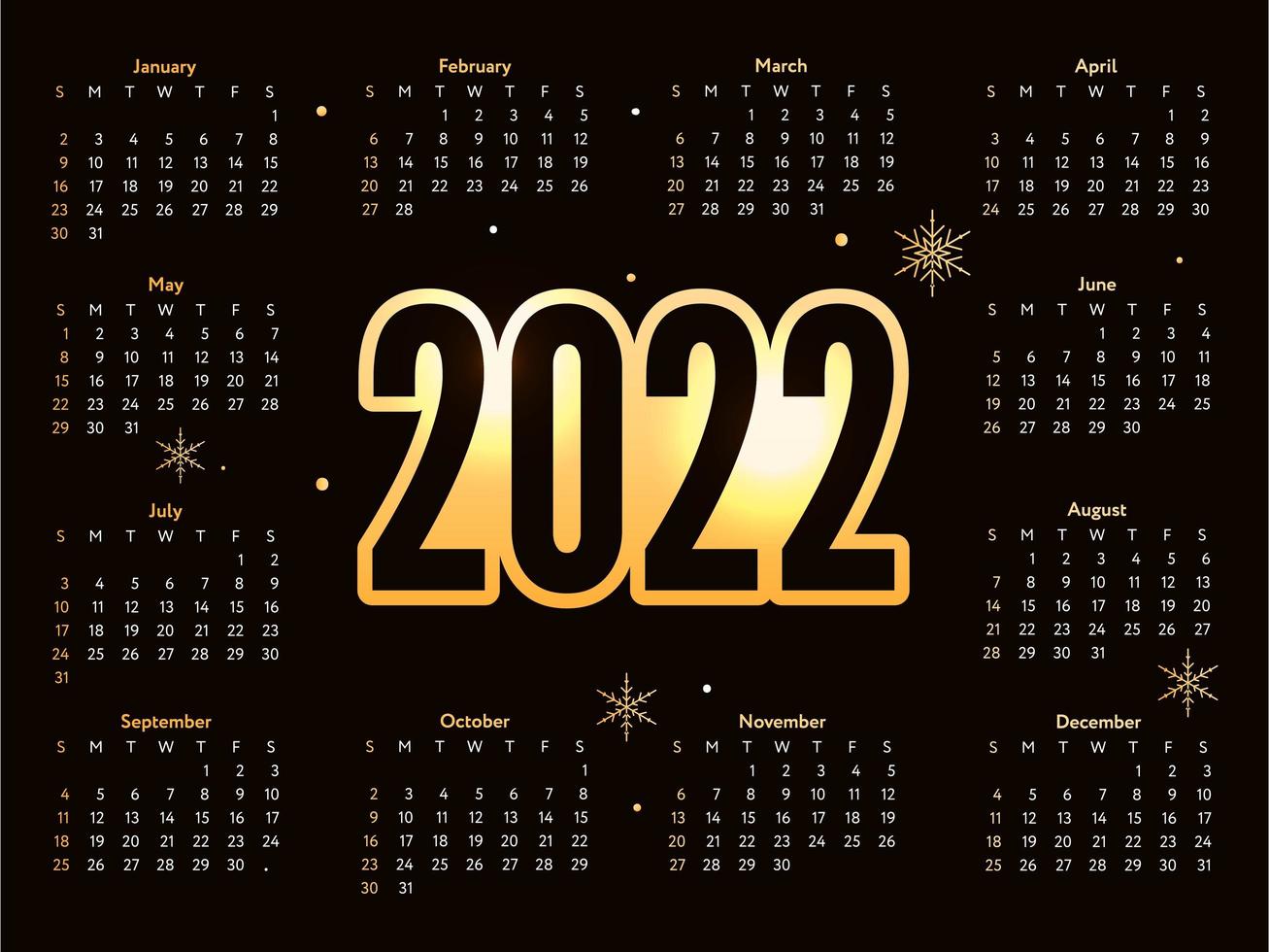 2022 julbokstäver gyllene nyår skiss kalender vecka börjar på söndag. vektor