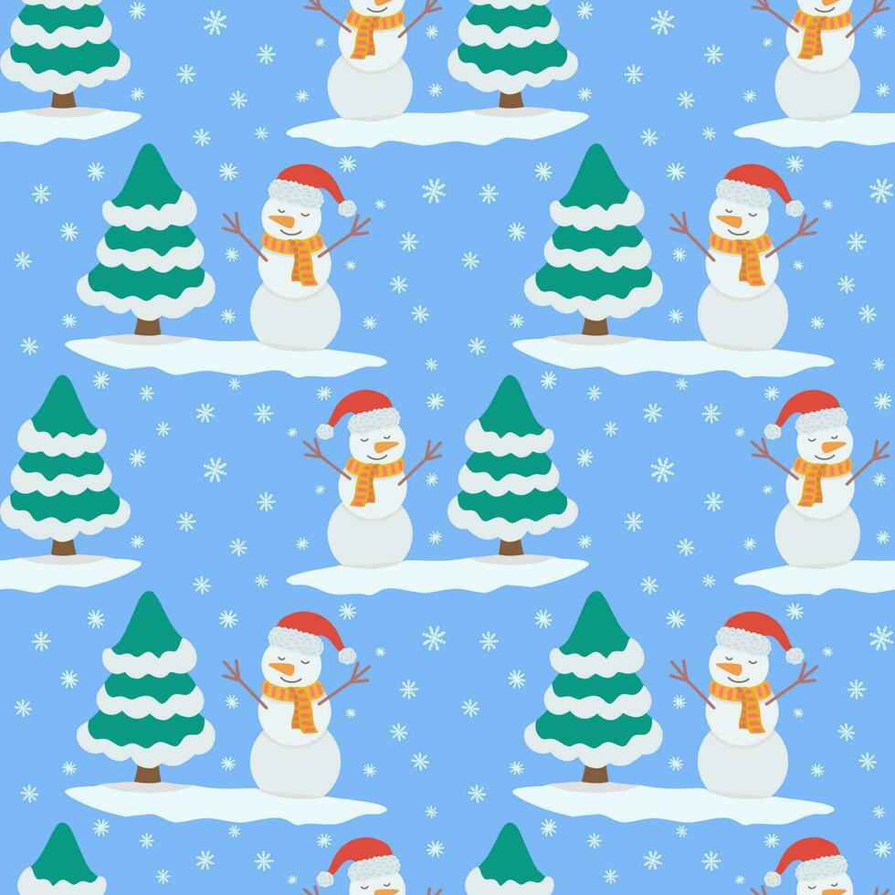 vektor sömlös jul mönster med en jul träd, snöflingor och en snögubbe på en blå bakgrund. lämplig för textilier, gåva kort och gåva omslag papper.