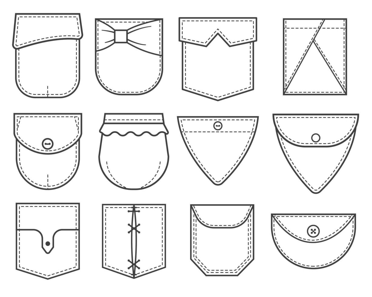 Reihe von Taschen-Patches. Elemente für Uniform- oder Freizeitkleidung, Kleider und Hemden. Linienvektorillustration vektor