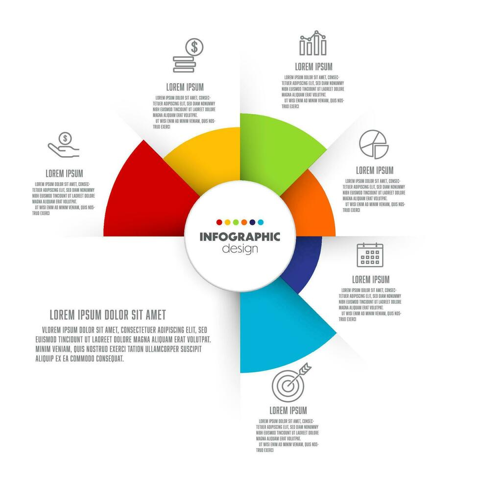 vektor cirkel Diagram infographic mall färgrik platt stil med 5 alternativ för presentationer