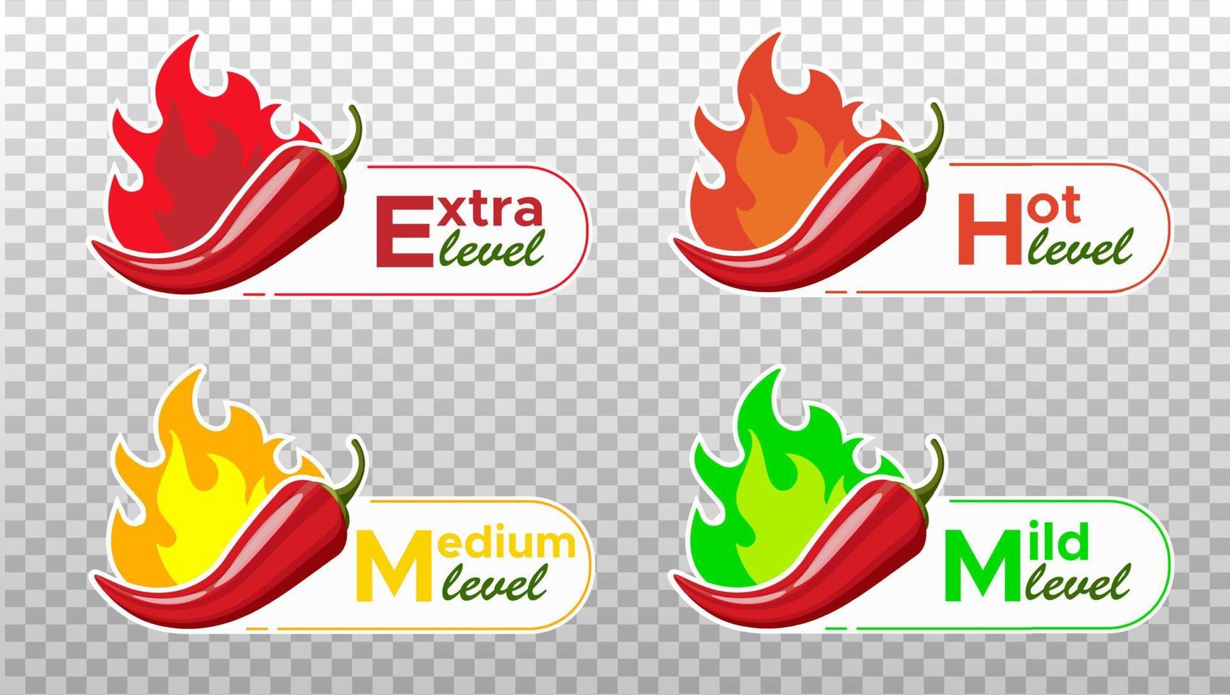ikoner med chilipeppar kryddnivåer. het pepparskylt med eldslåga för packning av kryddig mat. klistermärken med mild, medellång och extra varm pepparsås. vektor illustration.