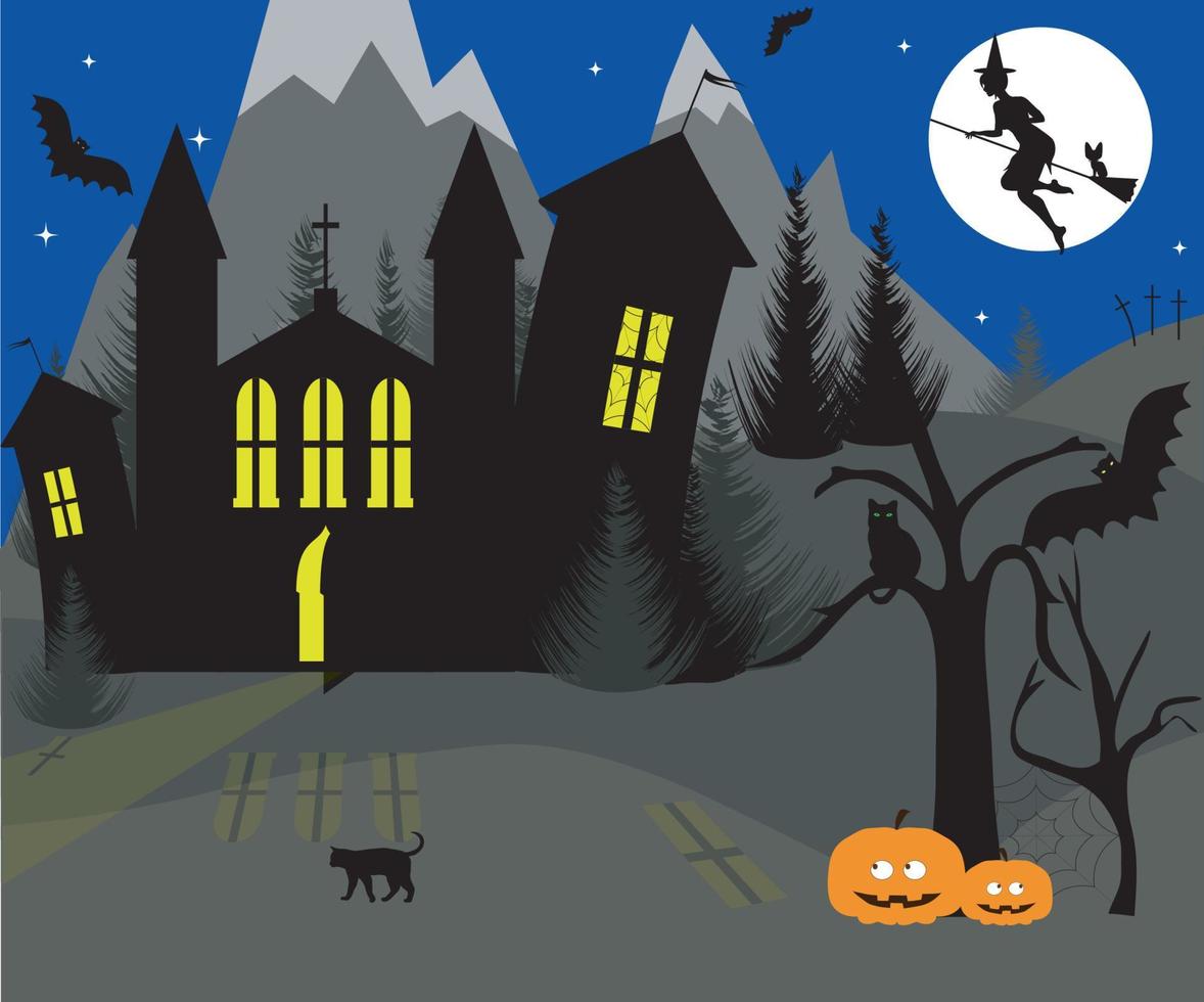 Halloween-Nachtlandschaft - ein ominöses Schloss, Fledermäuse und eine Hexe, die im Mondlicht am Himmel fliegen vektor