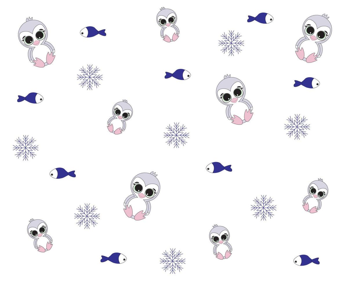 barnmönster av söta små pingviner, fiskar och snöflingor vektor