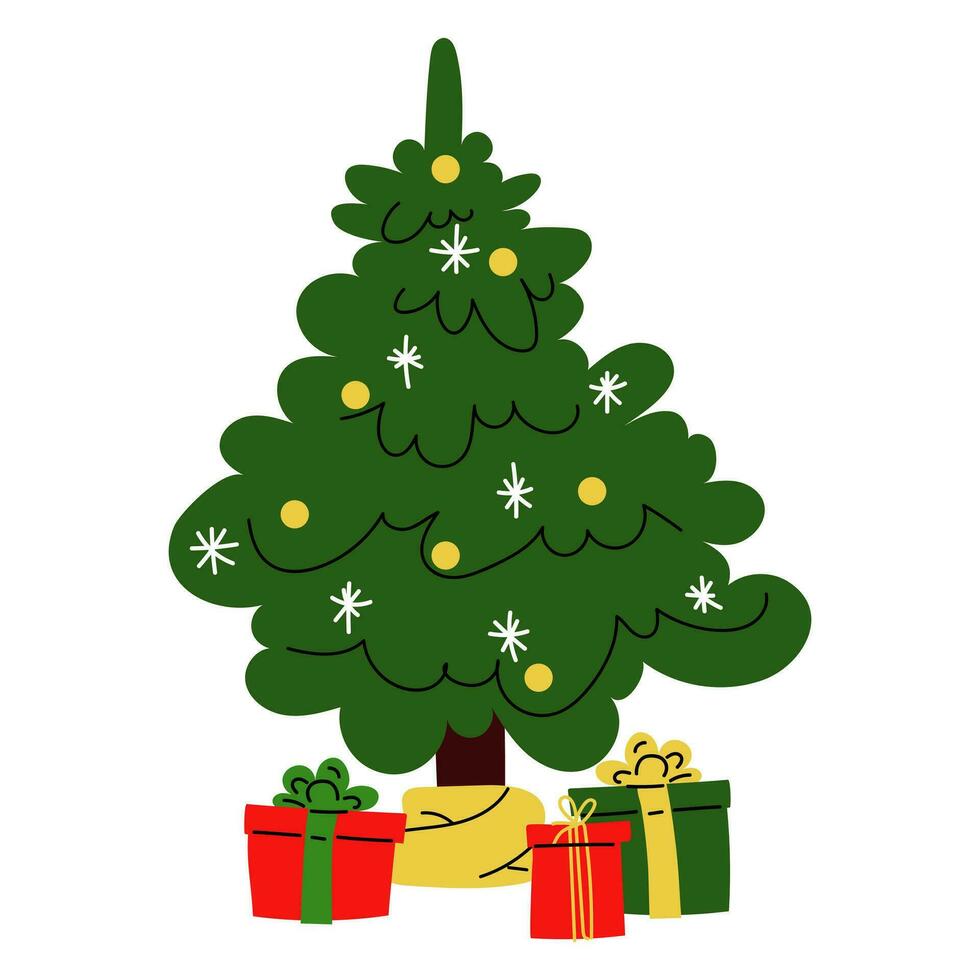 Weihnachten Baum mit Dekorationen und Geschenk Kisten bunt eben Geschenke zum das Urlaub. modern Design. Weihnachten und Neu Jahr Elemente zum Dekoration. Vektor Illustration hervorgehoben auf ein Weiß Hintergrund