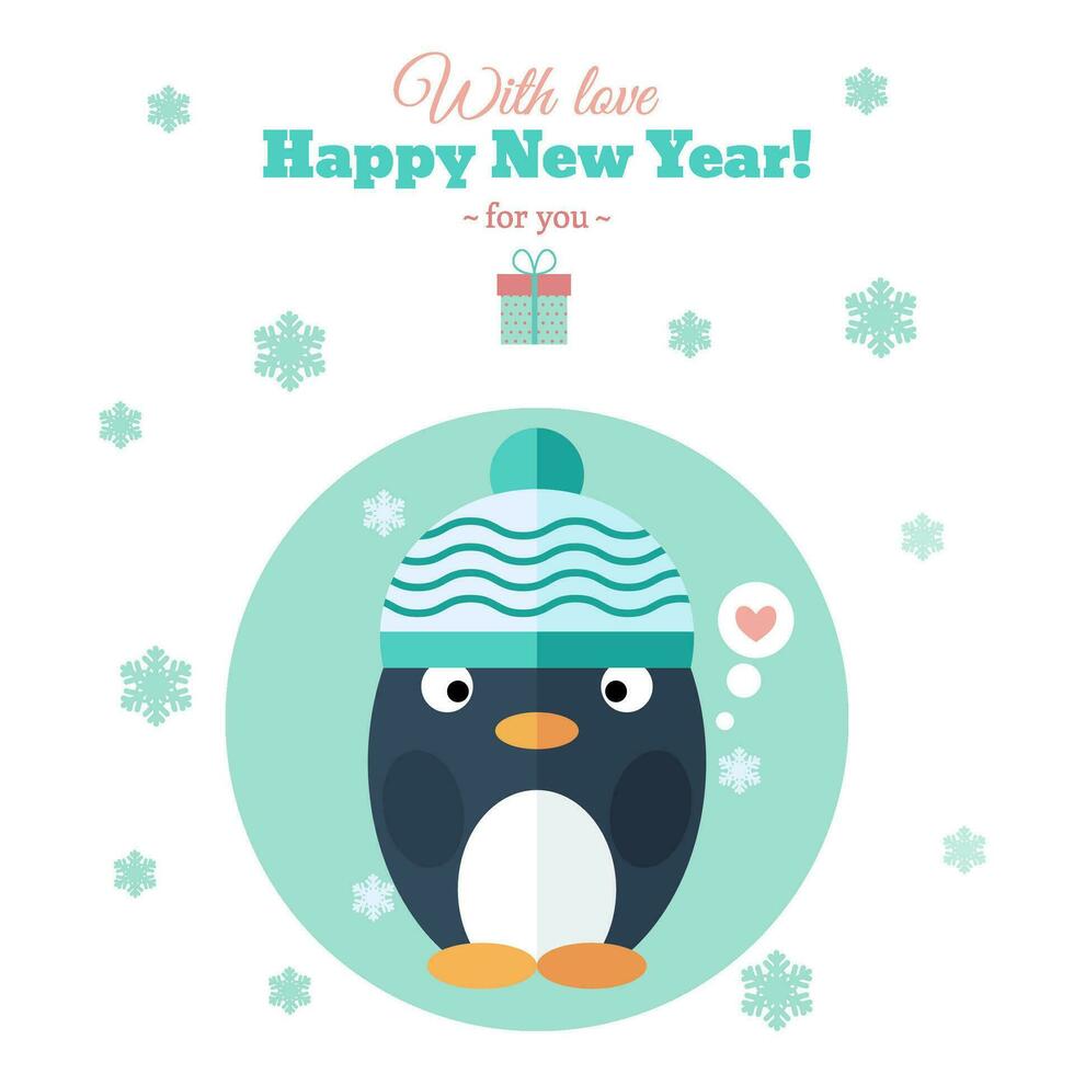 vinter- kort med pingvin i hatt och snöflingor vektor