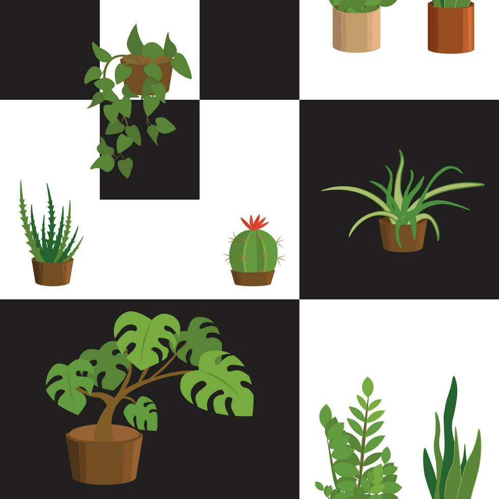 Vektor nahtlos Muster von eingetopft Pflanzen auf schwarz und Weiß Farbblock. Hintergrund, Hintergrund, Papier oder Textil- drucken.