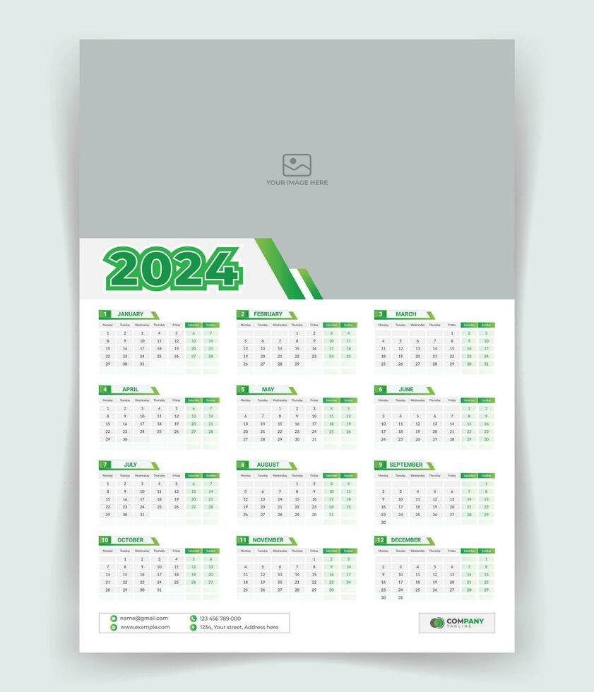 2024 eine Seite Mauer Kalender Design Vorlage, modern editierbar 12 Monate eine Seite Kalender vektor