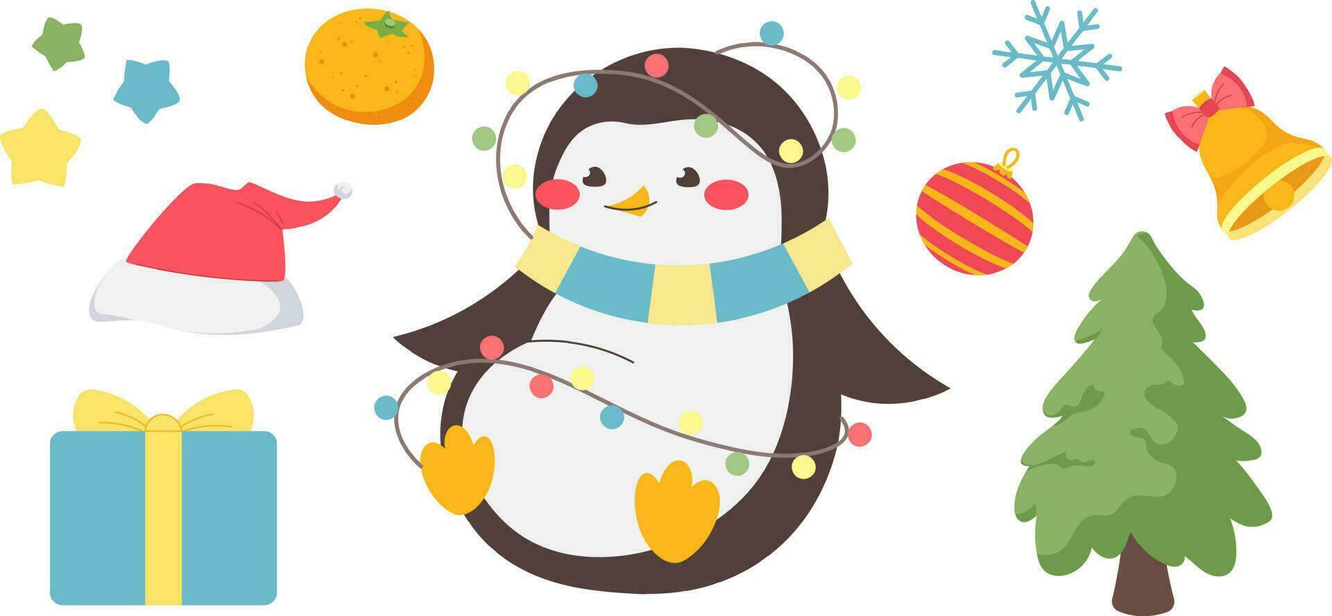 ny år, jul uppsättning för ungar. söt pingvin med krans, klocka, gåva, santa hatt, snöflingor. vektor illustration i platt stil