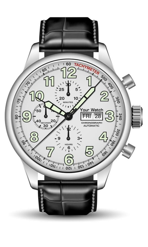 realistisk Kolla på klocka kronograf silver- svart mjuk grön pil siffra läder rem på isolerat design klassisk lyx vektor