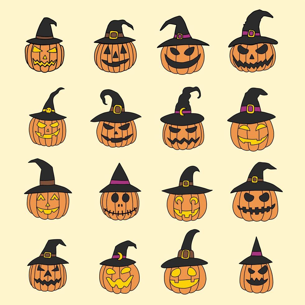 Einfachheit Halloween-Kürbis mit Hexenhut-Sammlung freihändig zeichnendes flaches Design. vektor