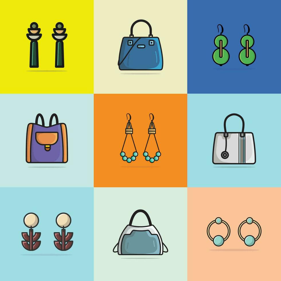 Sammlung von 9 schön Frauen Geldbörsen und Veranstaltung Ohrringe Schmuck Vektor Illustration. Schönheit Mode Objekte Symbol Konzept. einstellen von modisch Frauen Mode Design Zubehör Vektor Design.