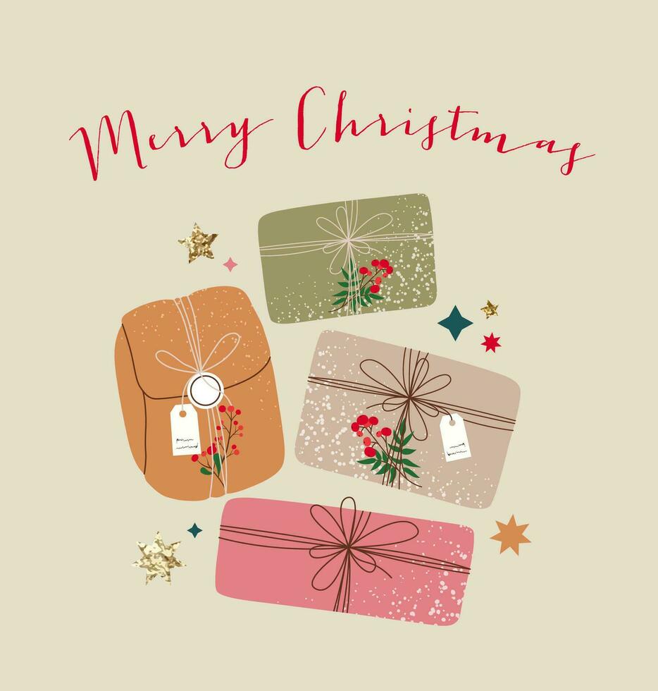 fröhlich Weihnachten Karikatur Geschenk Kisten Hand Zeichnung mit dekorativ Bögen und Sterne. bunt Urlaub Illustration. eben Stil Gruß Karte oder Einladung. Design zum Netz und drucken. vektor