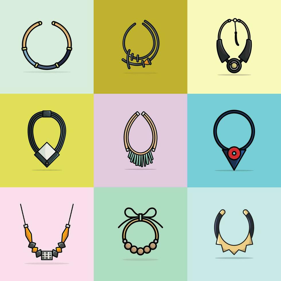 samling av 9 kvinnor mode metall nacke halsband vektor illustration. skönhet mode objekt ikon begrepp. uppsättning av händelse modern halsband vektor design.