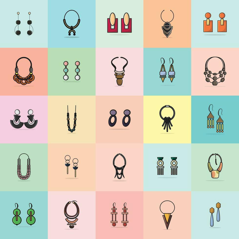 Sammlung von Frauen Mode Hals Halsketten und modisch bunt Ohrringe Schmuck Vektor Illustration. Schönheit Mode Objekt Symbol Konzept. einstellen von Frauen Mode Design Zubehör Vektor Design.
