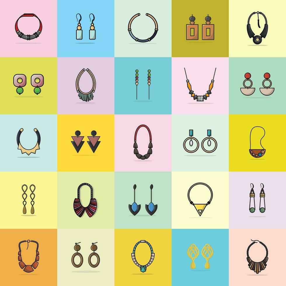 Sammlung von 25 elegant Damen Hals Halsketten und schön Ohrringe Schmuck Vektor Illustration. Schönheit Mode Objekte Symbol Konzept. einstellen von Frauen Mode Design Zubehör Vektor Design.