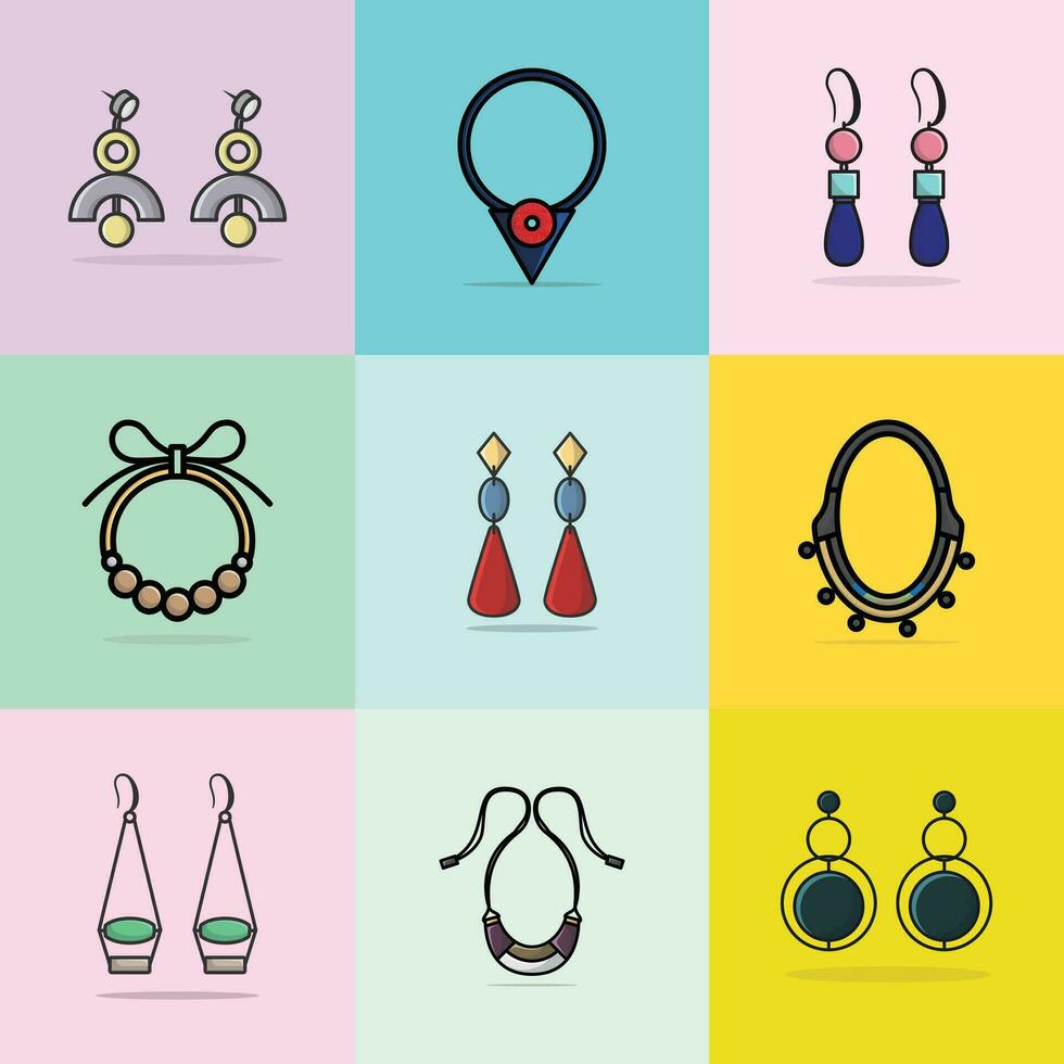 Sammlung von 9 schön Frauen Halsketten und Veranstaltung Ohrringe Schmuck Vektor Illustration. Schönheit Mode Objekte Symbol Konzept. einstellen von modisch Frauen Mode Schmuck Zubehör Vektor Design.