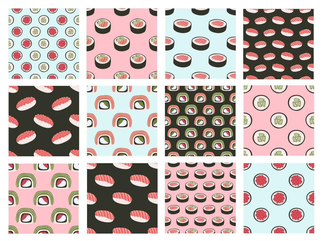 samling av sömlös mönster. japansk mat. sushi rulla vektor