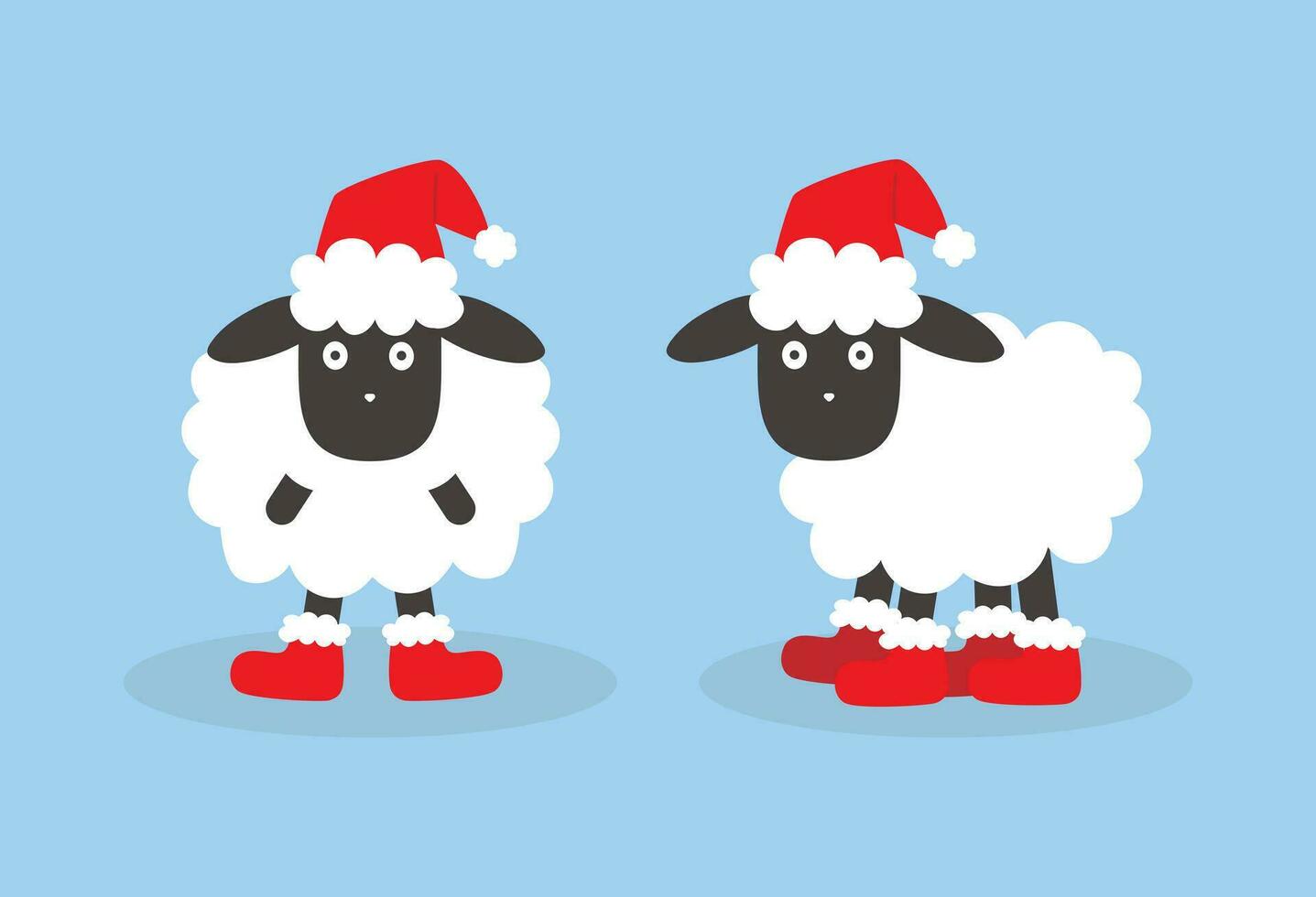 Weihnachten Schaf im Santa Hut und Neu Jahre Stiefel. Karikatur Zeichnung Vektor Illustration auf Blau Hintergrund