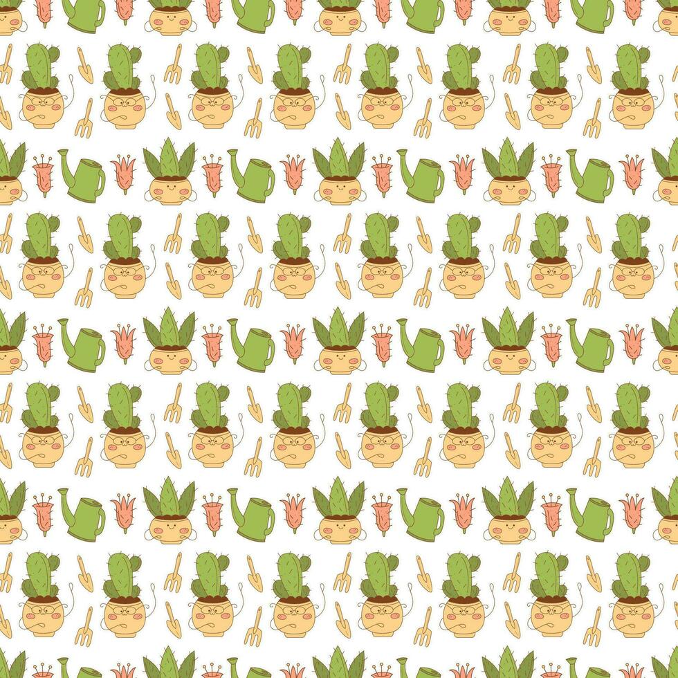 sömlös mönster med söt kaktusar tecken på en vit bakgrund. platt Färg vektor illustration.