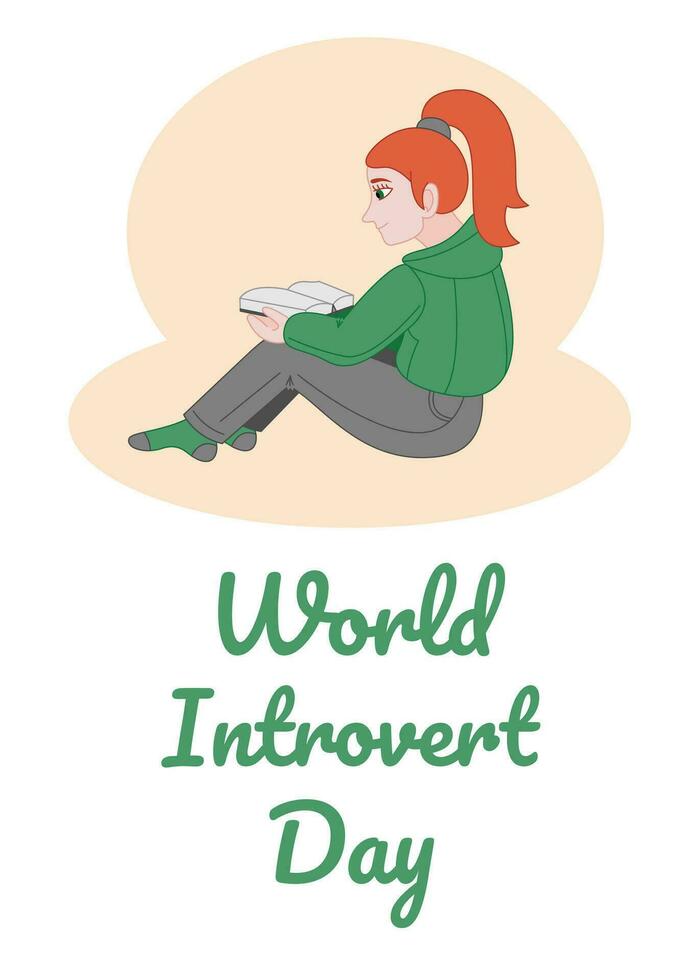 affisch för värld introvert dag med en flicka läsning en bok. platt Färg vektor illustration.