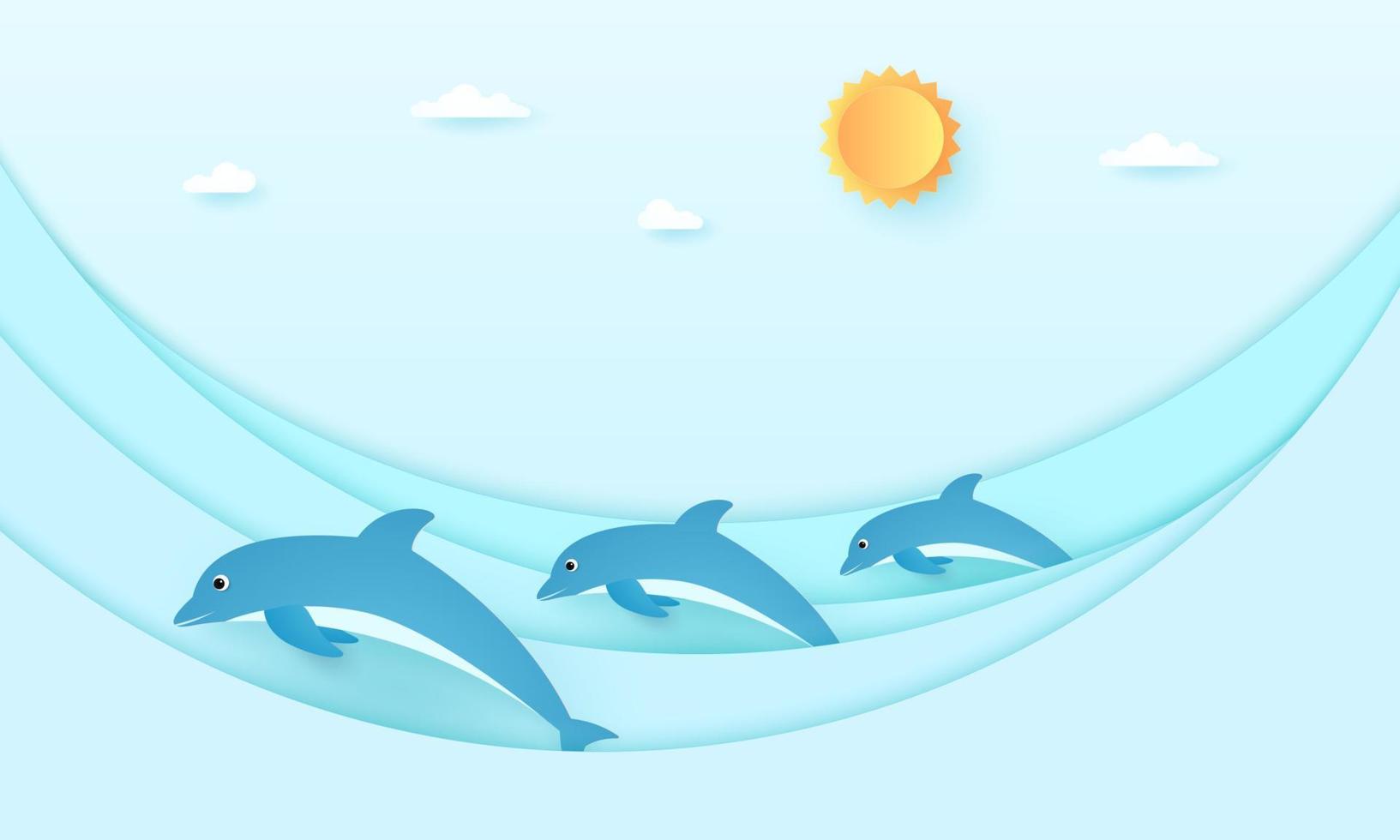 Seelandschaft, Delfine mit Meereswellen blauer Himmel mit Sonne und Wolken, Papierkunststil vektor