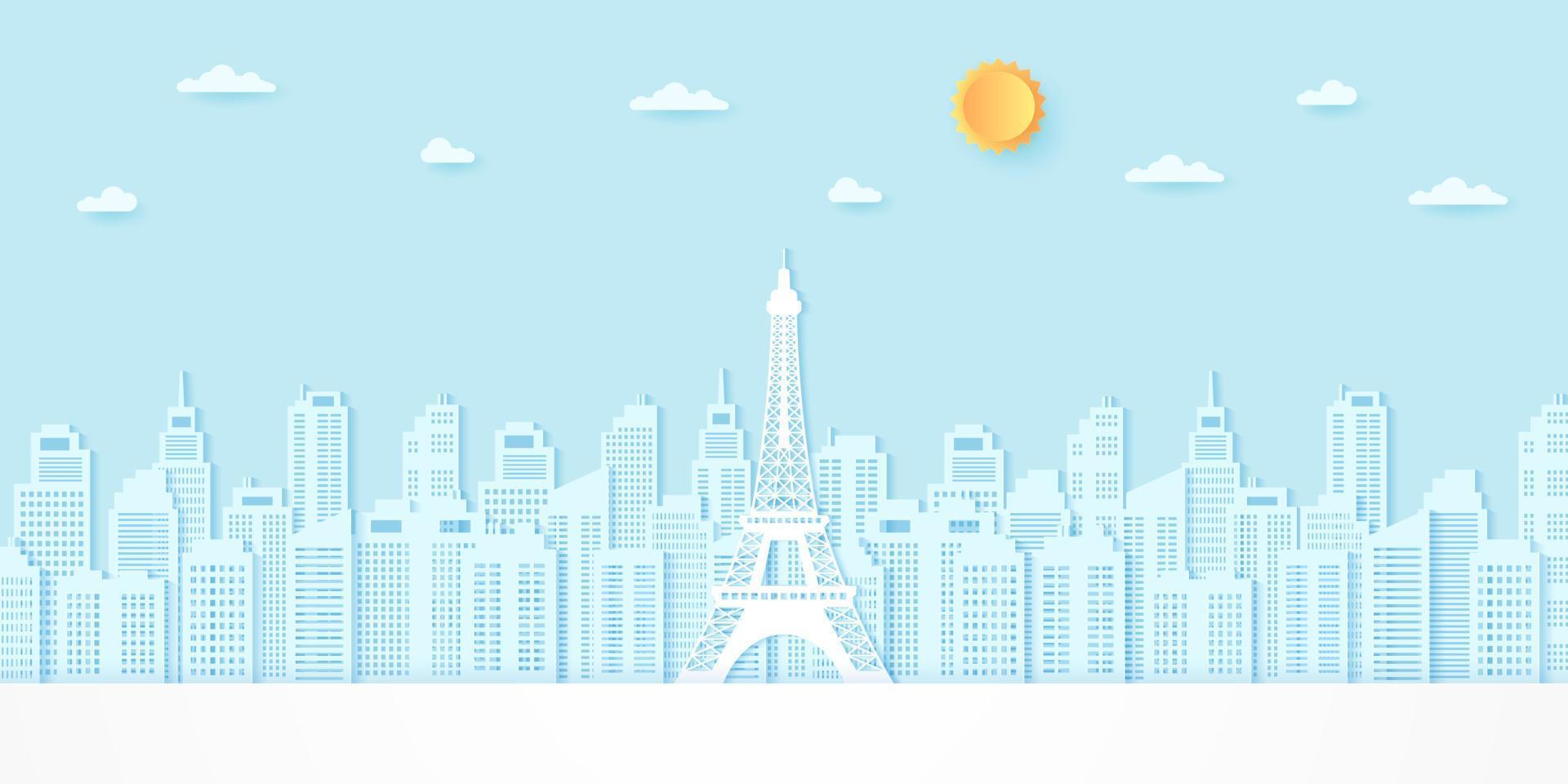 Eiffeltornet bland byggnader med sol och moln, papper konststil vektor