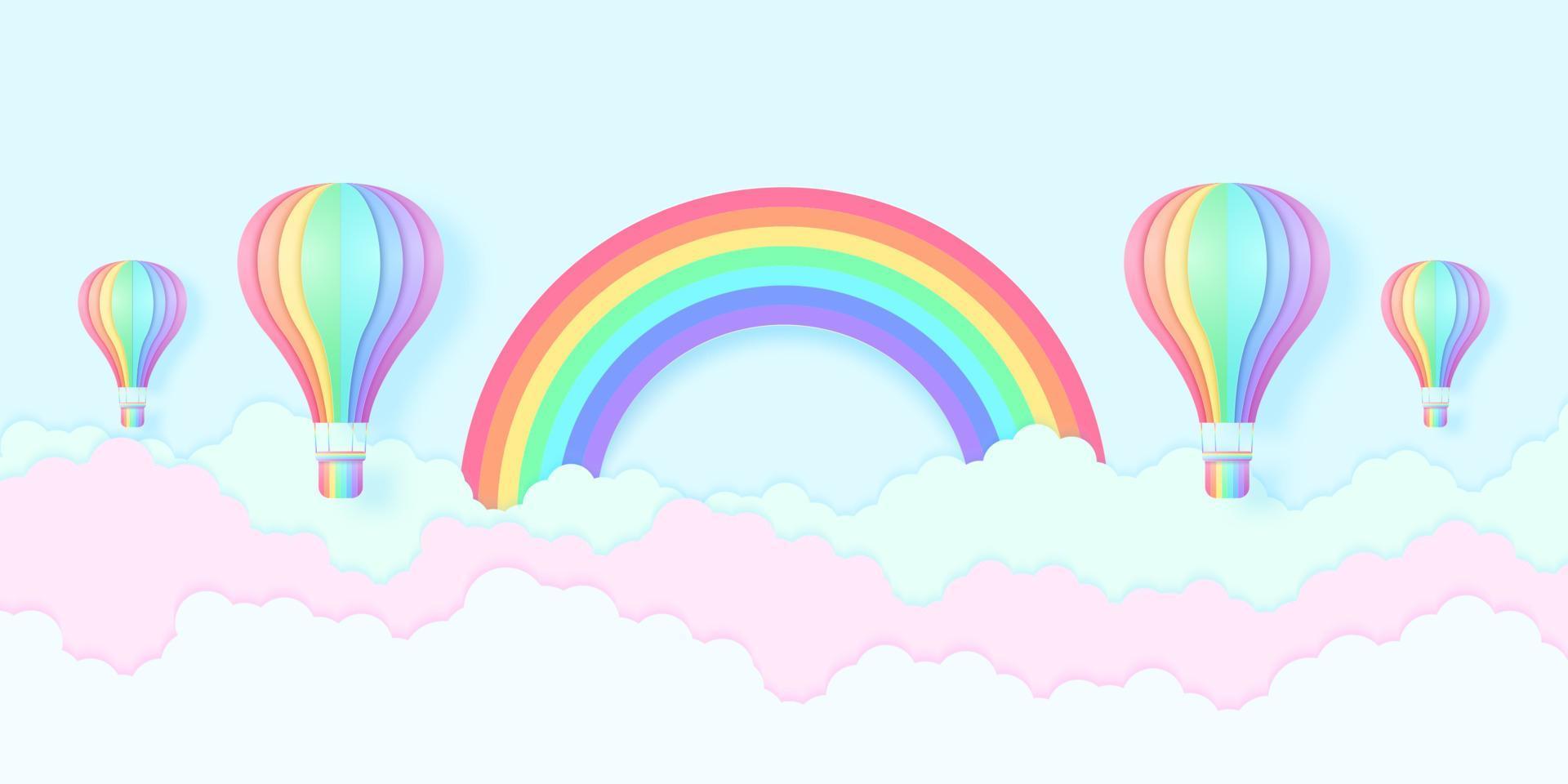 Regenbogenfarbene Heißluftballons, die in den blauen Himmel fliegen und bunte Wolken mit Regenbogen, Papierkunststil vektor