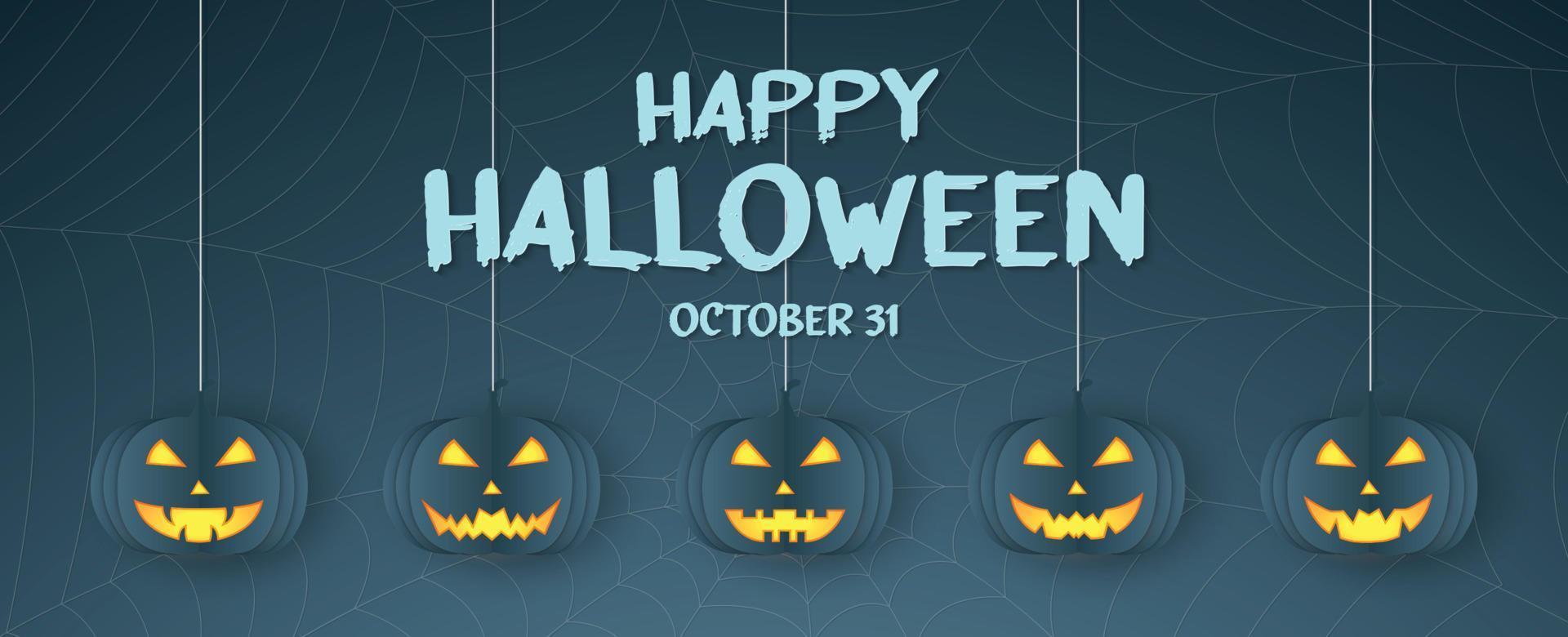 glad halloween, pumpahuvudet hängande, spindelnät, spindelnät bakgrund med text vektor