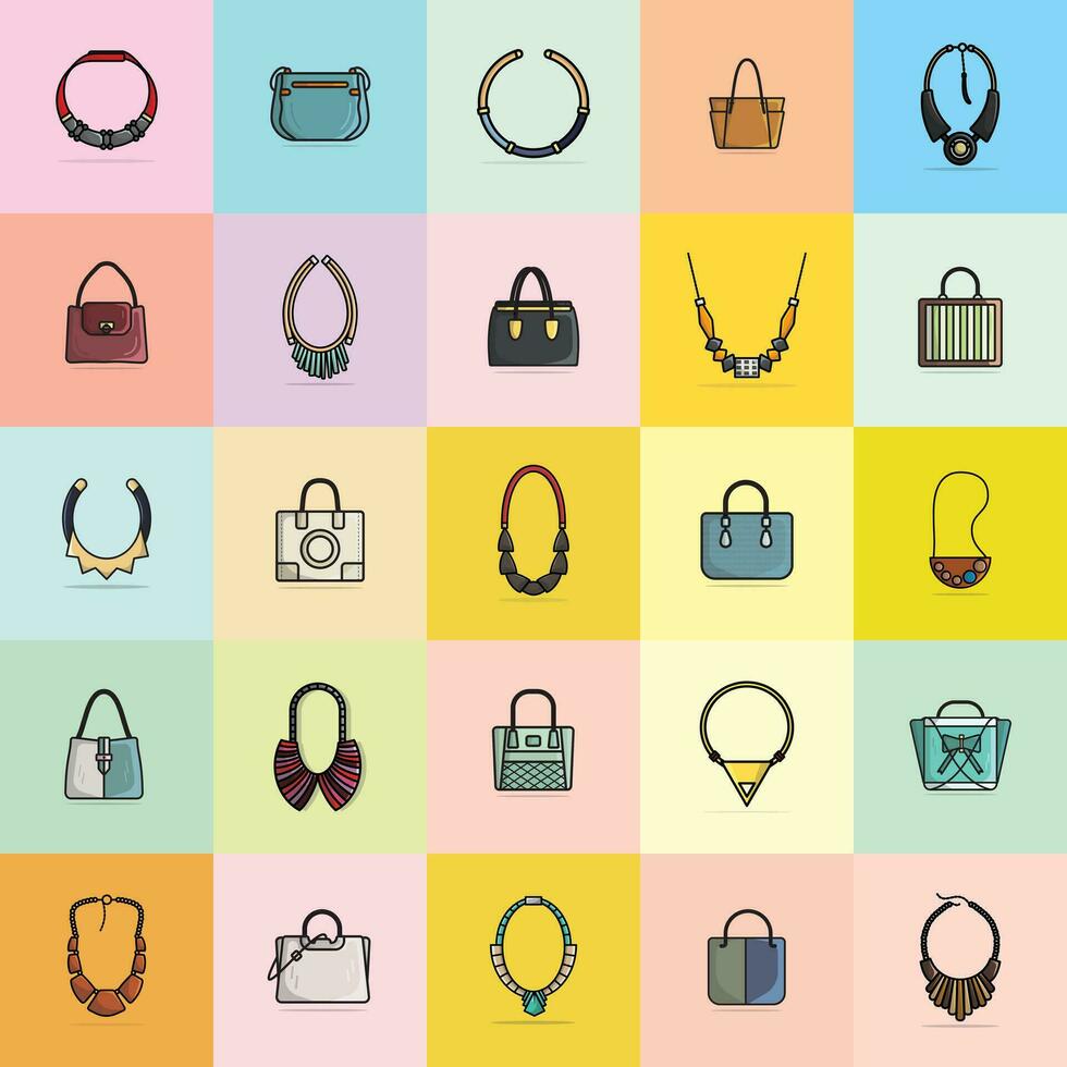 Sammlung von 25 elegant Damen Leder Handtaschen und schön Hals Halsketten Vektor Illustration. Schönheit Mode Objekte Symbol Konzept. einstellen von Frauen Mode Schmuck Zubehör Vektor Design.