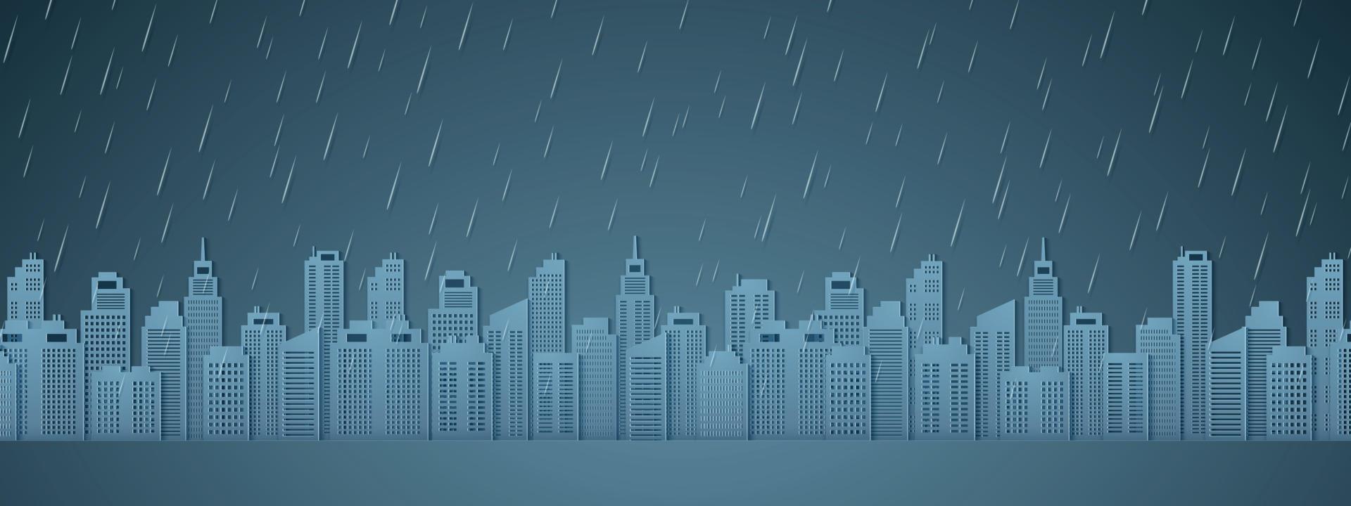 stadsbild med regn, mörk himmel, regnperiod, papper konststil vektor