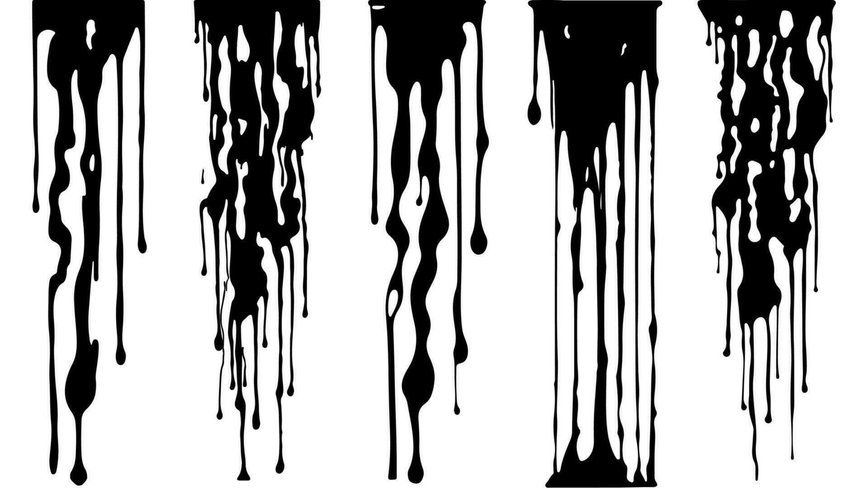 einstellen od abstrakt tropft malt. schwarz Tinte fließt Nieder im lange Streams und Tropfen. fließend schwarz flüssig. Tröpfchen. schmutzig Grunge Textur. Vektor Illustration isoliert auf Weiß Hintergrund. Design Elemente