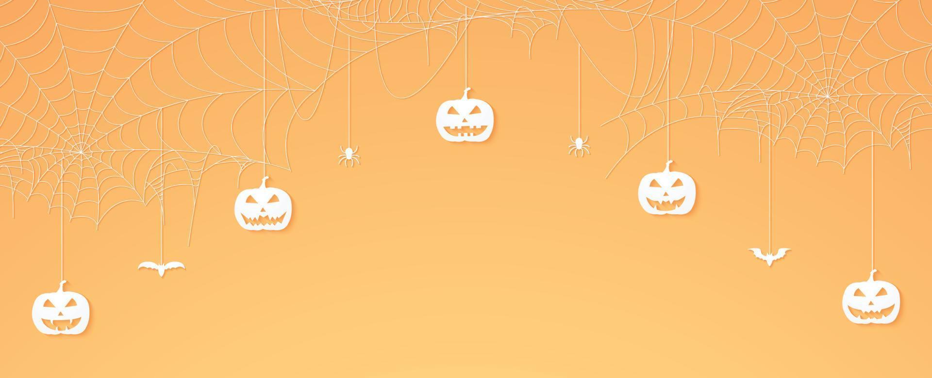 halloween pumpahuvud, spindlar och fladdermöss som hänger, spindelnätbanner, spindelnätbakgrund, kopieringsutrymme vektor