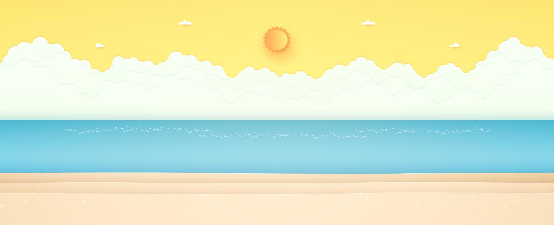 sommartid, havslandskap, landskap, blått hav med strand, strålande sol och orange solig himmel, papper konststil vektor