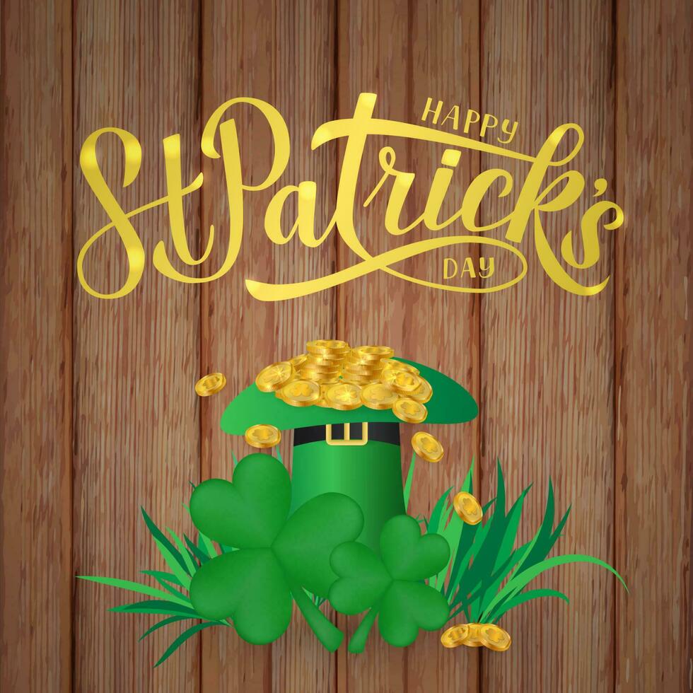 Lycklig st. patricks dag kalligrafi hand text, leprechauns hatt, klöver och pott av gyllene mynt på trä bakgrund. helgon patricks dag hälsning kort, baner, affisch, flygblad. vektor illustration.