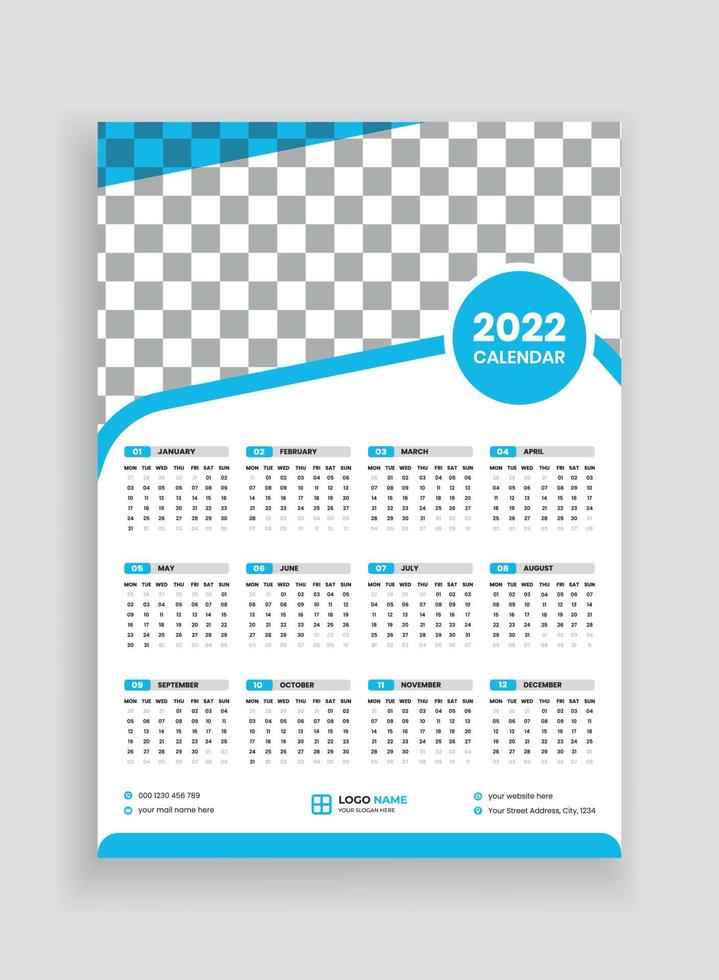 en sida väggkalender design 2022. väggkalender design 2022. nyårskalender design 2022. veckan börjar på måndag. mall för årskalender 2022 vektor