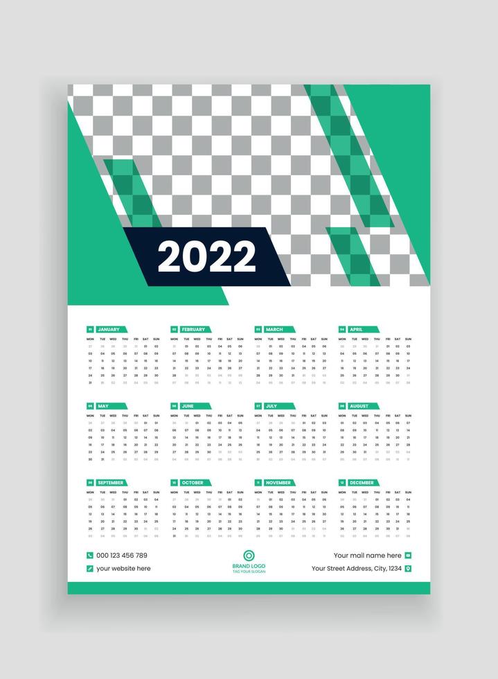 en sida väggkalender design 2022. väggkalender design 2022. nyårskalender design 2022. veckan börjar på måndag. mall för årskalender 2022 vektor